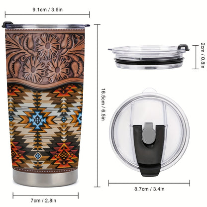 Southwestern Tumbler Gift Set - 20oz Stainless Steel Insulated Cup with Lid, Straw & Brush | Vibrant Floral Geometric Pattern, Keeps Drinks Hot/Cold | Holiday, Birthday Gift for Her