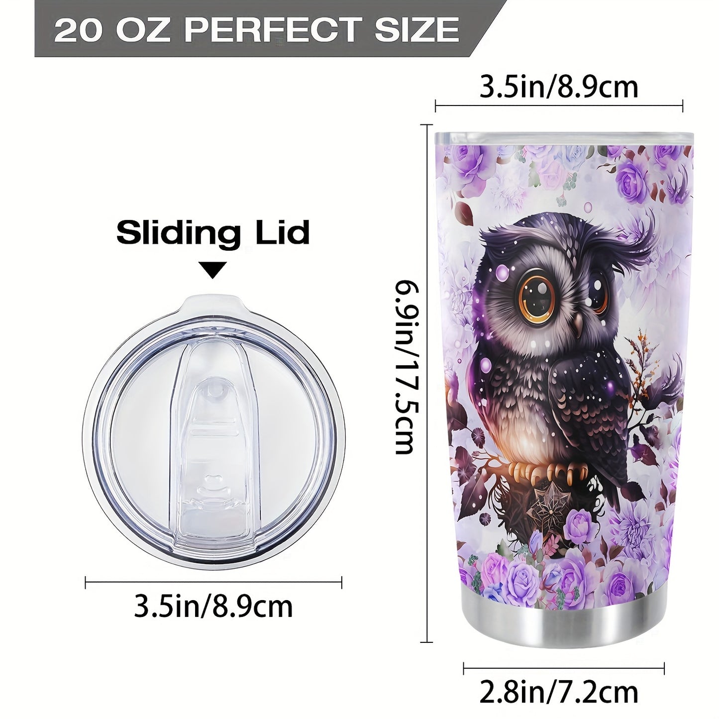 20oz Double-Wall Vacuum Insulated Stainless Steel Tumbler with Lid - Cute Owl Print Design - Keeps Drinks Hot & Cold - Perfect Travel Mug, Tea Cup, Gift
