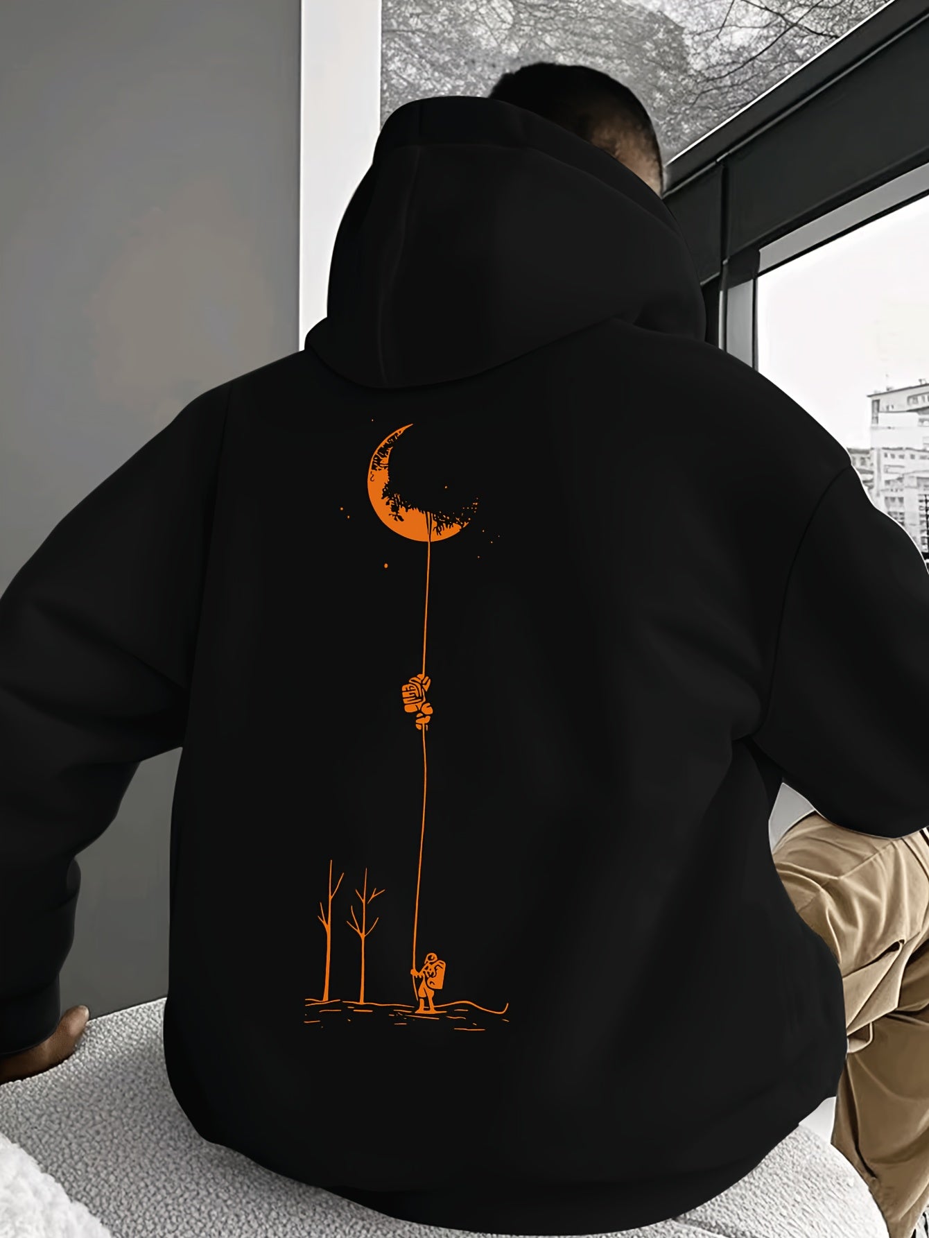 Men's Color Block Hoodie - Pink Orange Graphic Print, Streetwear Trend Casual Regular Fit Hooded Sweatshirt