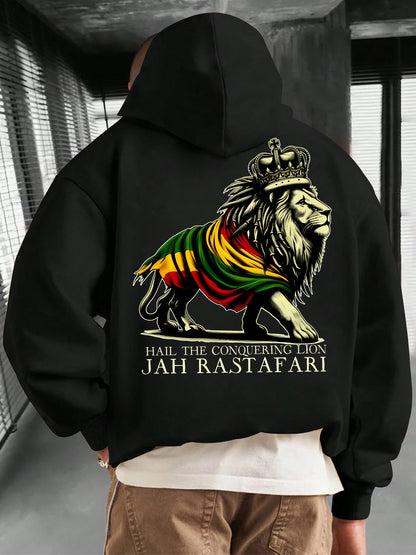 Men's Lion King Hoodie - Symbol of Strength Graphic Print Pullover | Oversized Streetwear with Kangaroo Pocket & Drawstring Hood