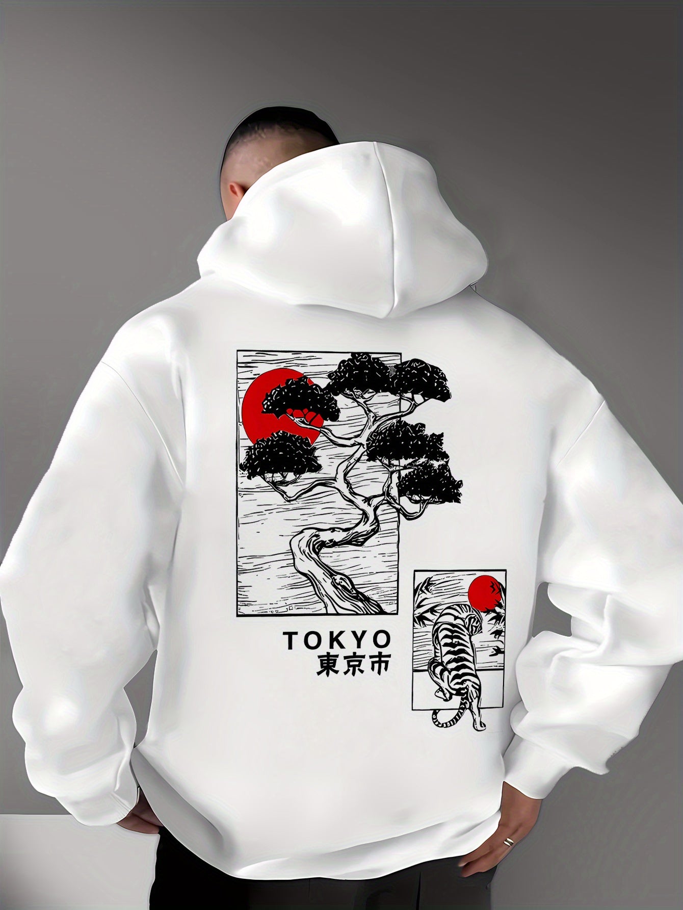 Men‘s Streetwear Hoodie - Japanese Inspired Print Featuring Tokyo, Bonsai & Sun, Casual Graphic Sweatshirt