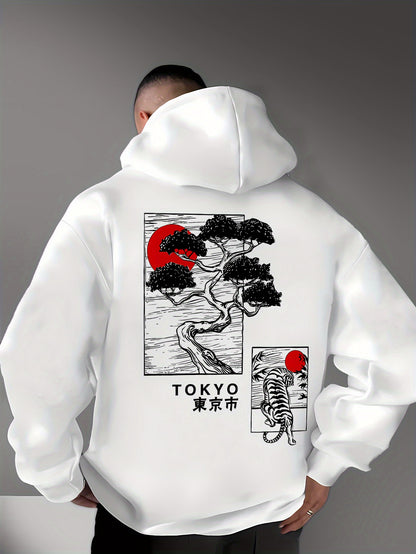 Men‘s Streetwear Hoodie - Japanese Inspired Print Featuring Tokyo, Bonsai & Sun, Casual Graphic Sweatshirt