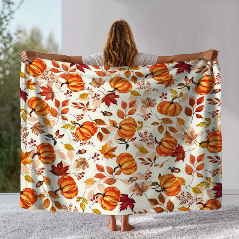 Autumn Harvest Flannel Blanket - Cozy Pumpkin & Maple Leaf Print for Home & Travel