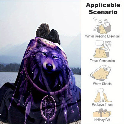 Dream Catcher & Purple Wolf Flannel Throw - Mystical Guardian Blanket | Lightweight, Soft for Spiritual Comfort, Boho Decor, and Unique Gifting