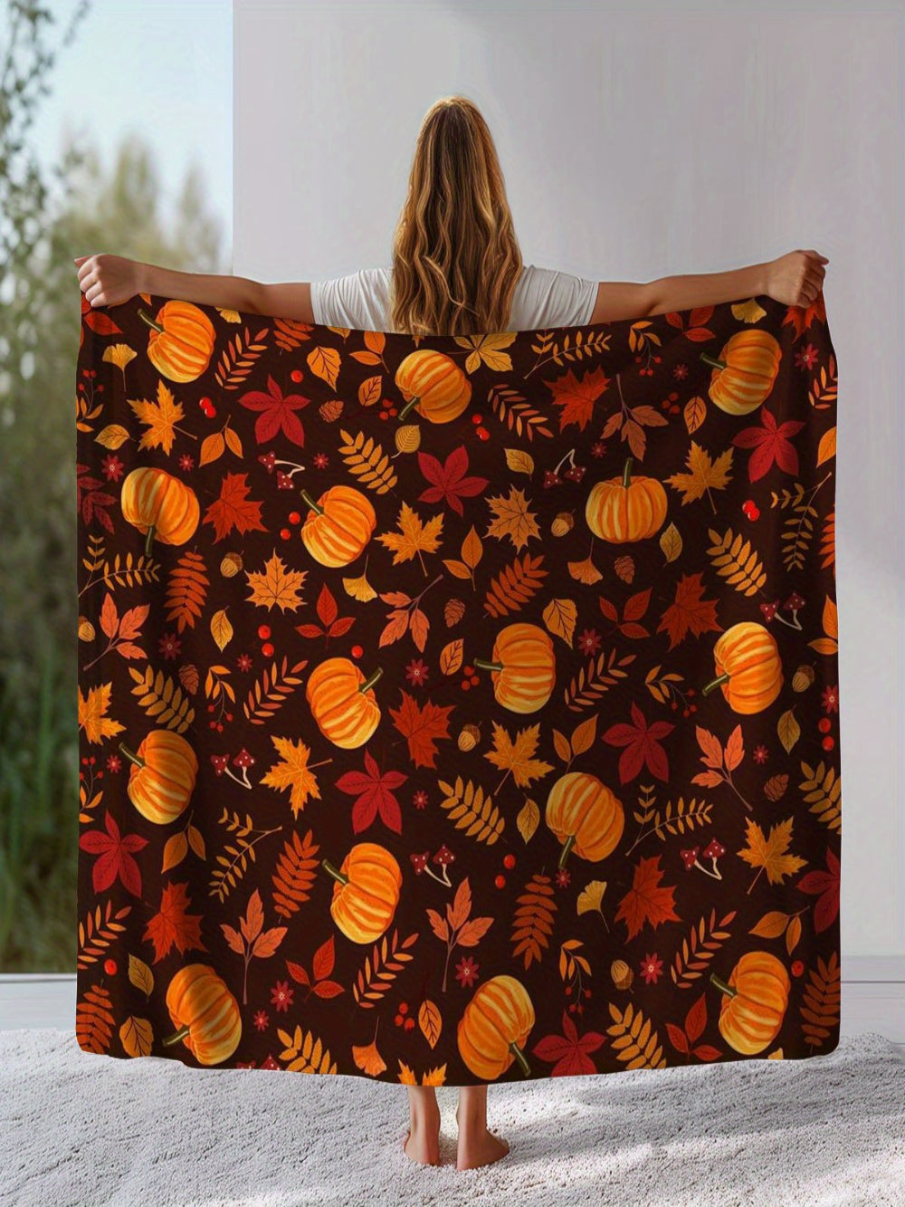 Lightweight Fall Flannel Throw - Pumpkin Leaf Design, All-Season Soft Warmth for Bed, Sofa & Camping, Versatile Gift