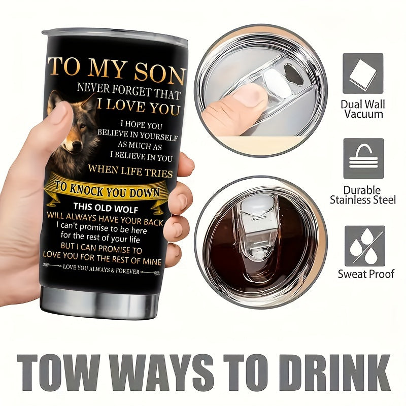 Wolf Pattern 20oz Stainless Steel Tumbler - Insulated Travel Mug for Hot & Cold Drinks | Perfect Gift for Son, Dad, Outdoorsman | Camping, Hiking & Travel Friendly