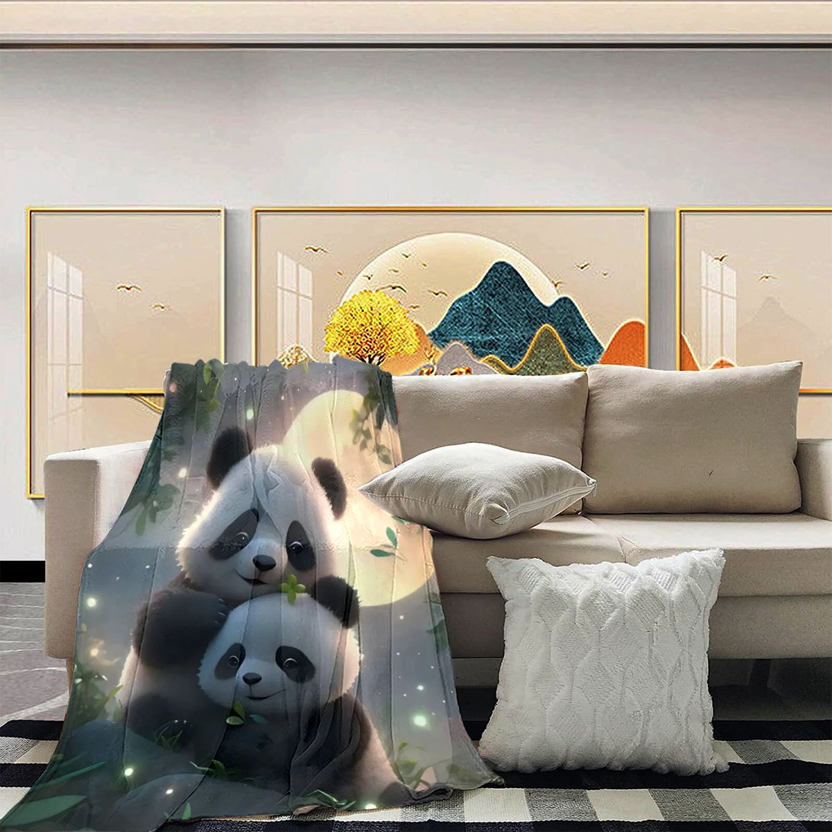 Cute Panda Hugging Moon Blanket - Super Soft Flannel Throw for Couch & Bed, All-Season Cozy Comfort Blankets Gift for Adults