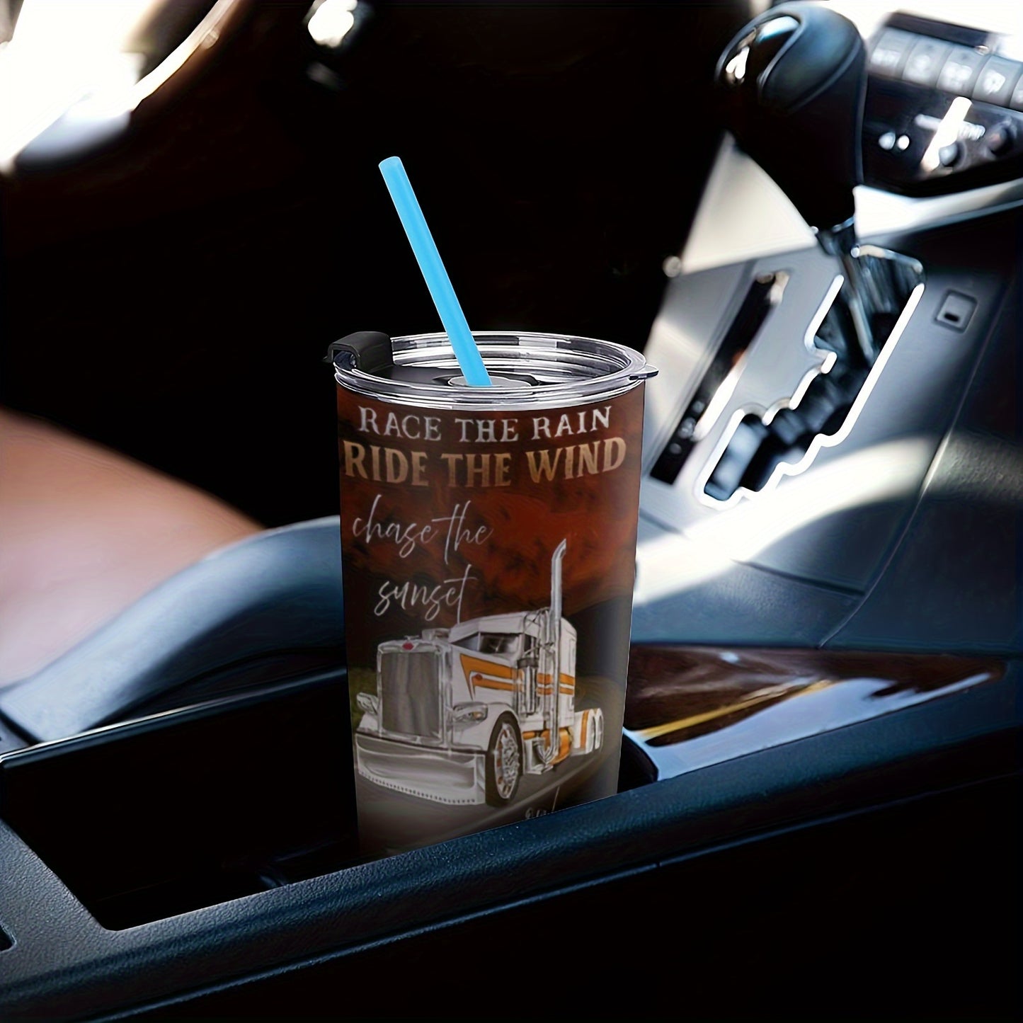 "King of the Road" Truck Driver Mug - 20oz Insulated Sunset & Highway Graphic Tumbler | Cool Gift for Long Haul Drivers, Stainless Steel Travel Cup