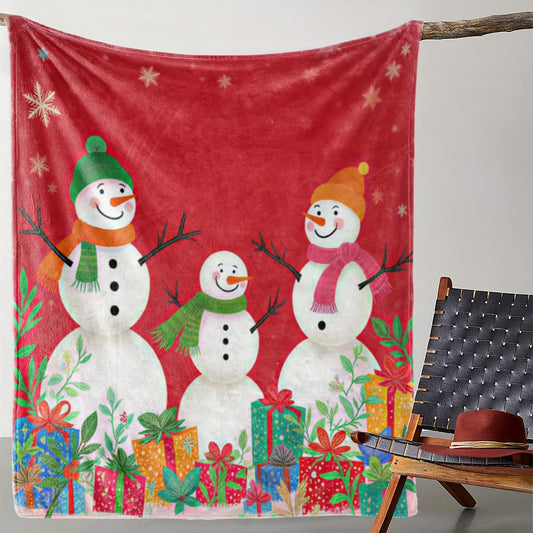 Vintage Snowman Scene Flannel Blanket - 6 Snowmen & Snowflake Print on Soft Fleece, Cozy Christmas Gift Throw