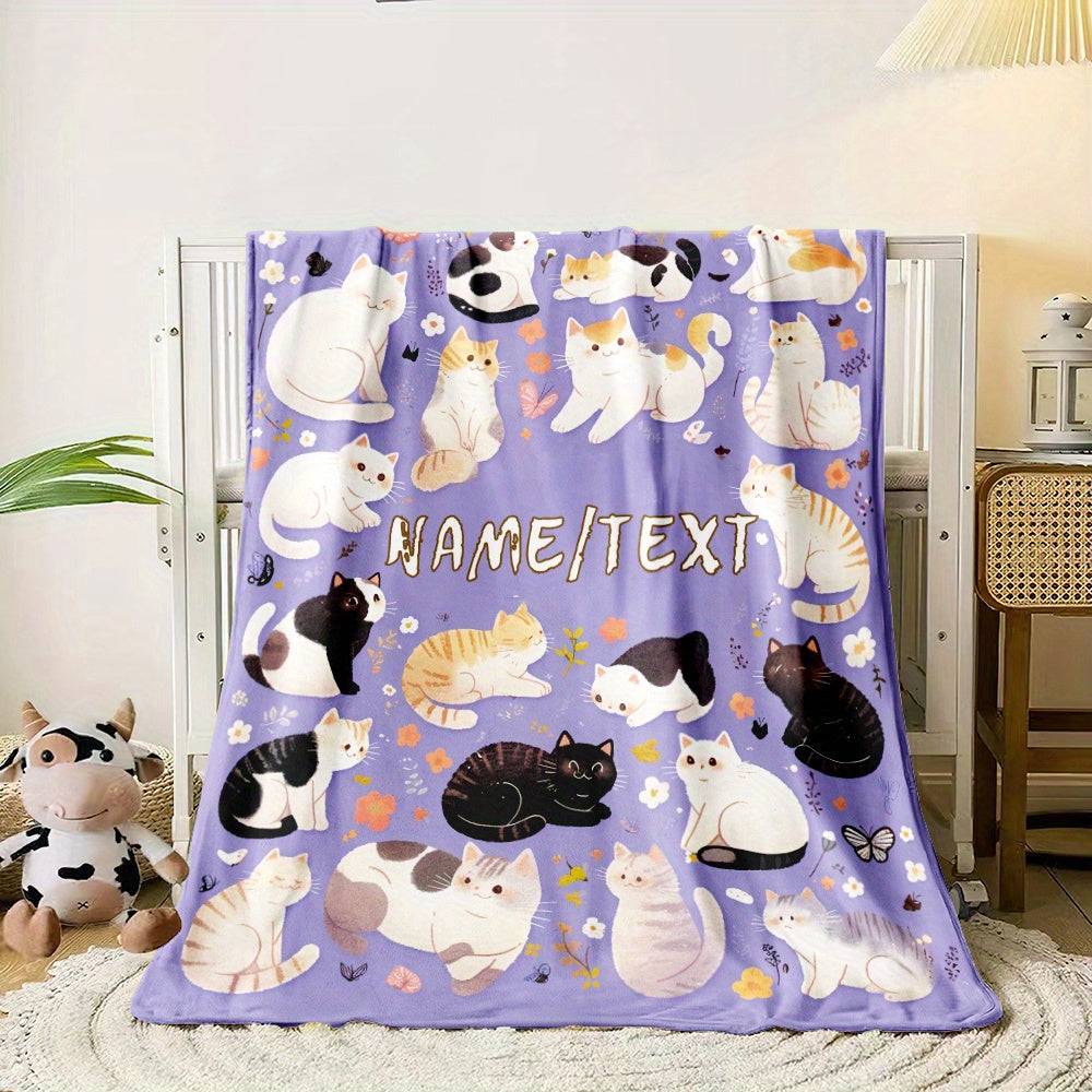 Personalized Purple Cartoon Cat Flannel Blanket Custom Name Throw
