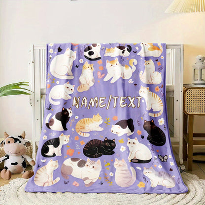 Personalized Purple Cartoon Cat Flannel Blanket Custom Name Throw
