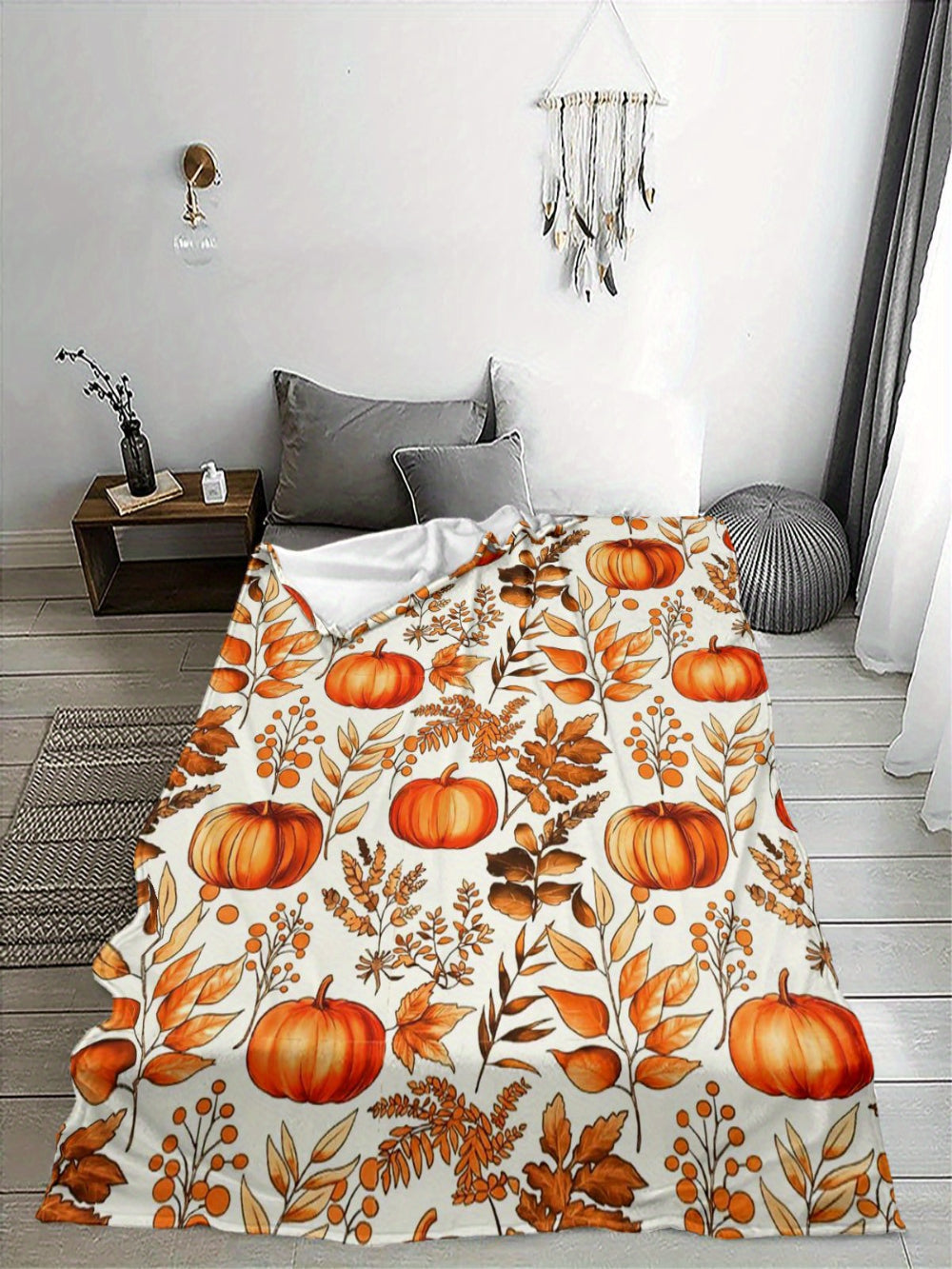 Pumpkin Leaf Flannel Throw - All-Season Soft & Warm Blanket for Bed, Sofa, Camping, Multi-Use Fall Gift