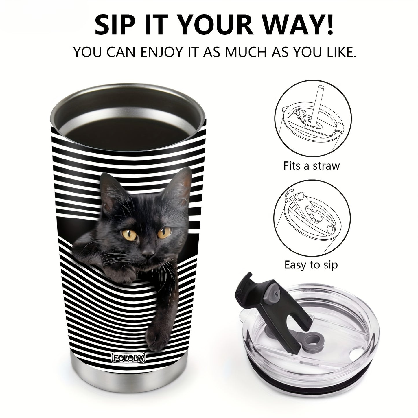Fun Cat Tumbler Gift Set - 20oz Stainless Steel Insulated Cup - Perfect Christmas, Birthday, Mother‘s Day Gift for Animal Lovers & Girls