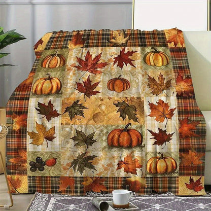 Vintage Maple & Pumpkin Plaid Blanket - Soft Fleece Throw, Machine Washable Warm Gift for Thanksgiving & Christmas