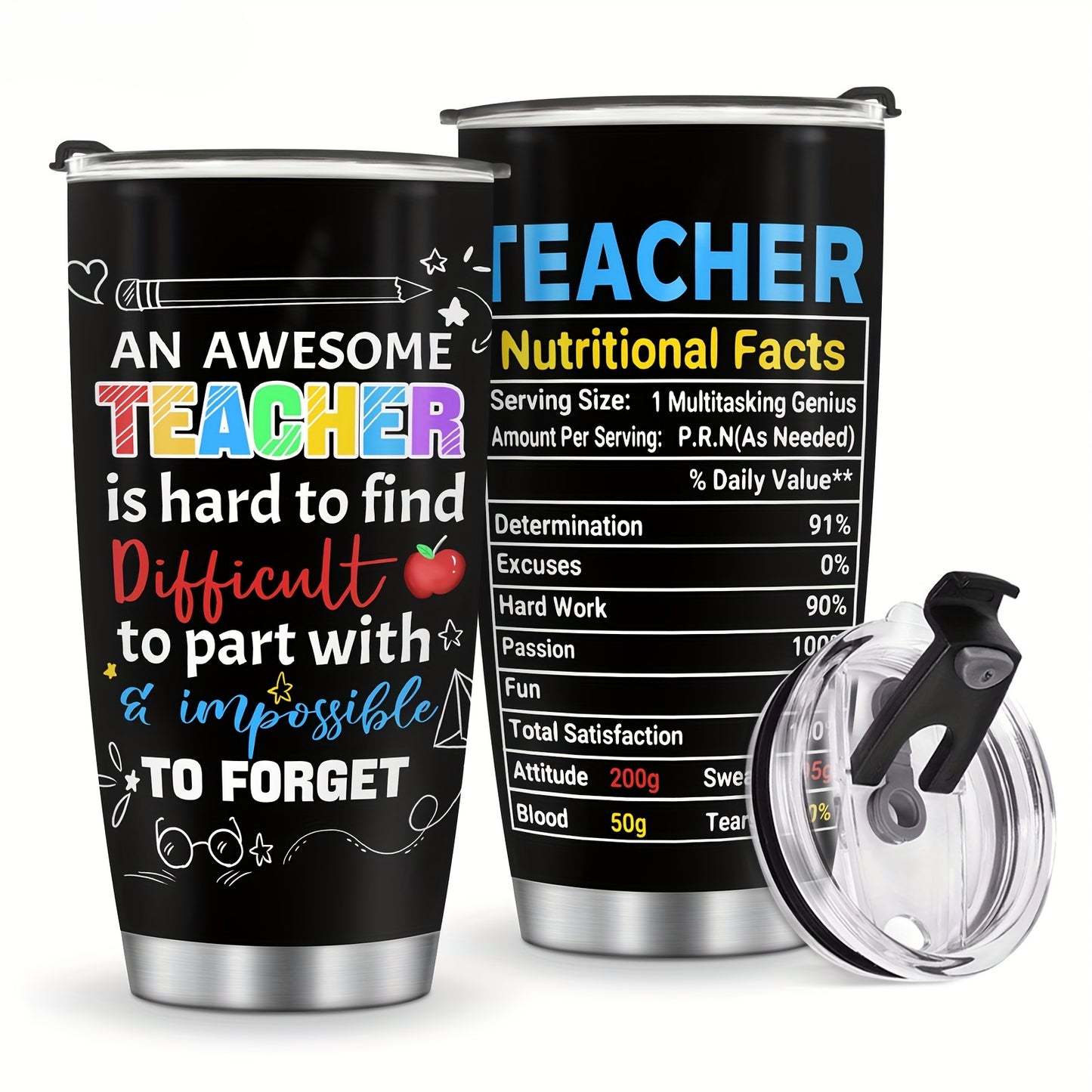 20oz Teacher Tumbler - "Teacher Nutrition Facts" Stainless Steel Insulated Coffee Mug | Appreciation, Christmas & Birthday Gift for Teachers from Students