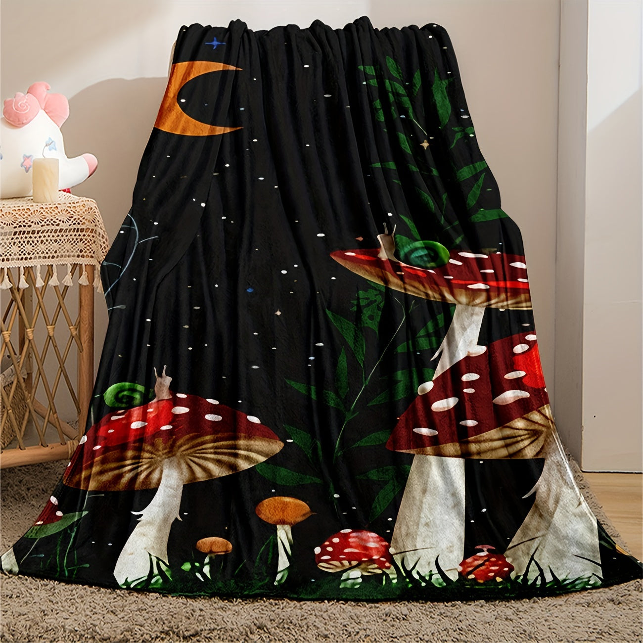 Mushroom & Snail Flannel Blanket - Whimsical Forest Print Lightweight Throw | Soft Gift for Kids, Adults, and Multi-Scene Cozy Moments