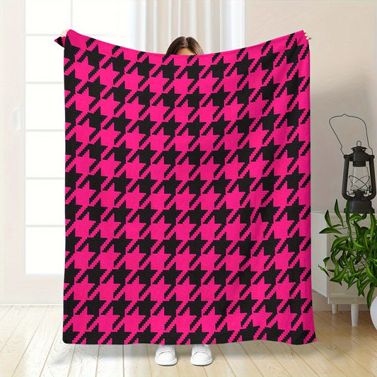 Modern Houndstooth Flannel Throw - Lightweight & All-Season, Classic Pattern Reimagined for Sofa, Office, Camping & Contemporary Home Decor