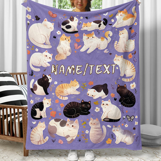 Personalized Purple Cartoon Cat Flannel Blanket Custom Name Throw