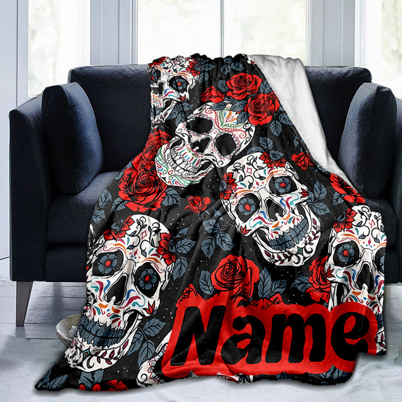 Sugar Skull Flannel Blanket - Personalized Gothic Throw with Red Roses on Black | Custom Name, All-Season Soft Gift for Bed, Sofa & Travel Decor