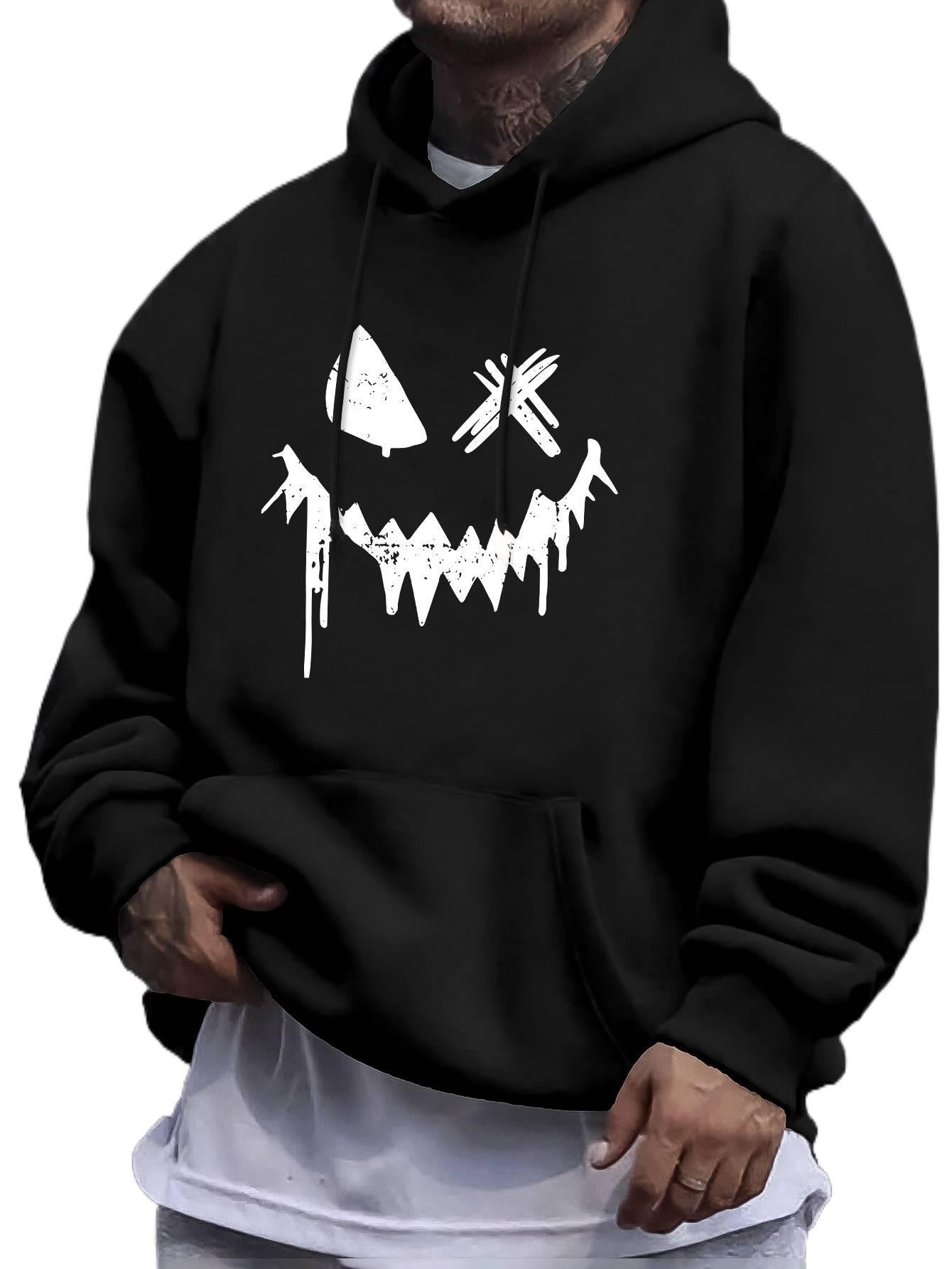 Men's Graphic Face Print Hoodie - Quirky Design, Casual Hooded Pullover, Sporty Long Sleeve Sweatshirt