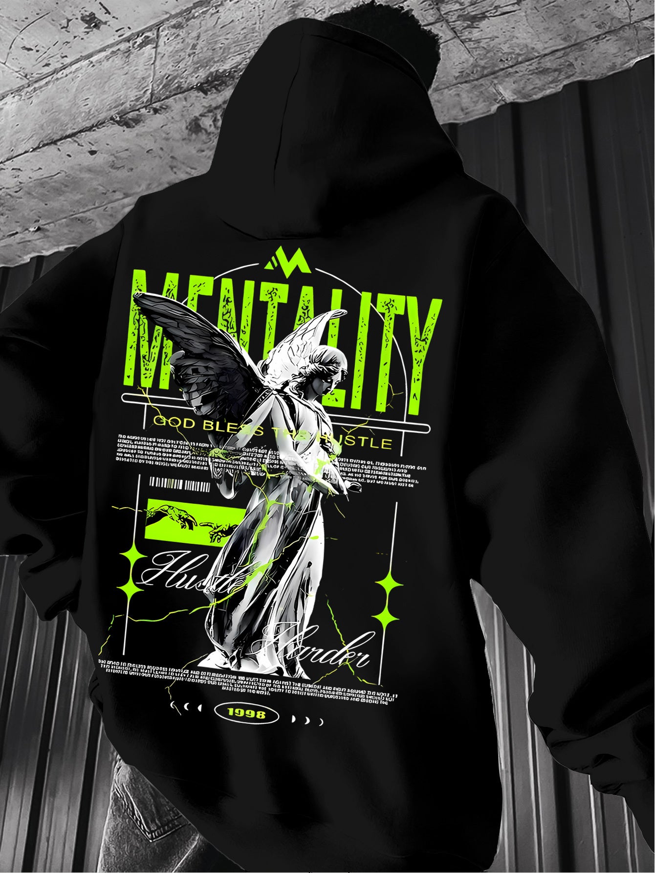 Men's Fashion Hoodie with Graphic Print - Soft Beige & Neon Green Colorway, Trendy Hooded Sweatshirt for Street Style