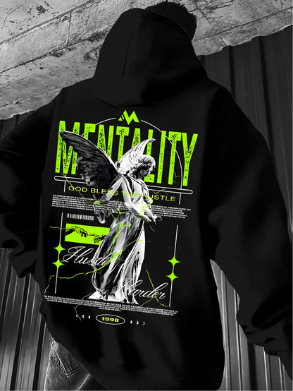 Men's Fashion Hoodie with Graphic Print - Soft Beige & Neon Green Colorway, Trendy Hooded Sweatshirt for Street Style