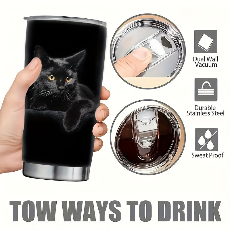 Elegant Black Cat Tumbler - 20oz Double-Walled Insulated Stainless Steel Travel Mug with Lid - Purrfect Gift for Cat Lovers & Enthusiasts
