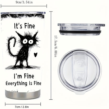 Whimsical Black Cat Tumbler 20oz - Stainless Steel Insulated Travel Mug with Straw, Wide Mouth Slip-Resistant Grip, Perfect for Cat Lovers & Outdoor Adventures