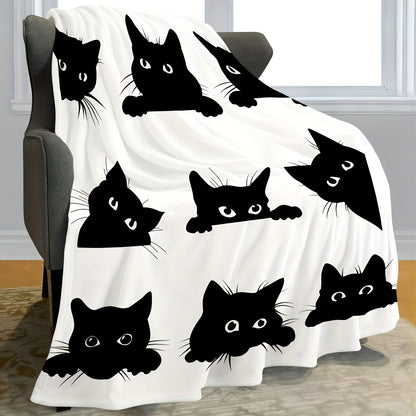 Playful Black Cat Flannel Blanket White Digital Print Soft All-Season Home Travel Decor