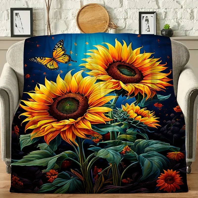 Sunflower & Butterfly Flannel Throw - Joyful Garden Print Blanket, Soft & Cozy Multi-Use Gift for Family, Friends, Home, Camping & Outdoor Adventures
