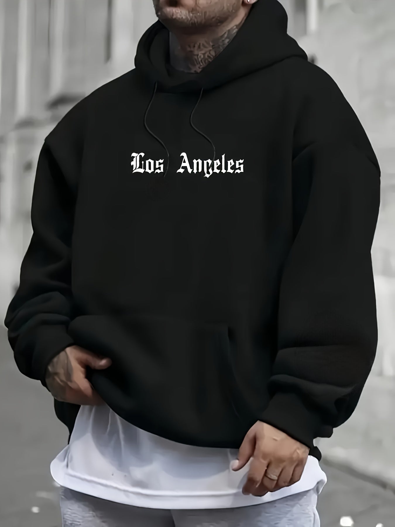 LA Graphic Hoodie - Men‘s Black Comfort Stretch Pullover, Perfect for Layering in Spring, Fall & Winter | Effortless Urban Style