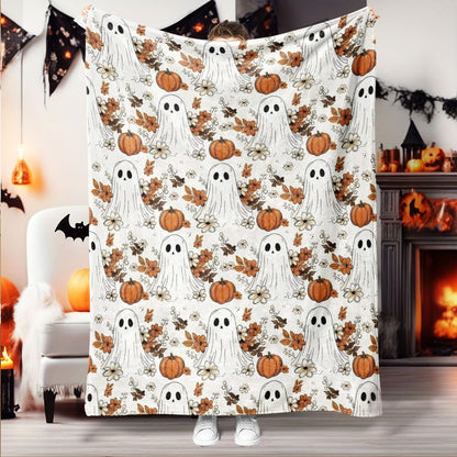 Haunted Garden Flannel Throw Blanket - Elegant Spooky Ghost & Pumpkin Print, Year-Round Soft Warmth, Premium Halloween Decor & Gift