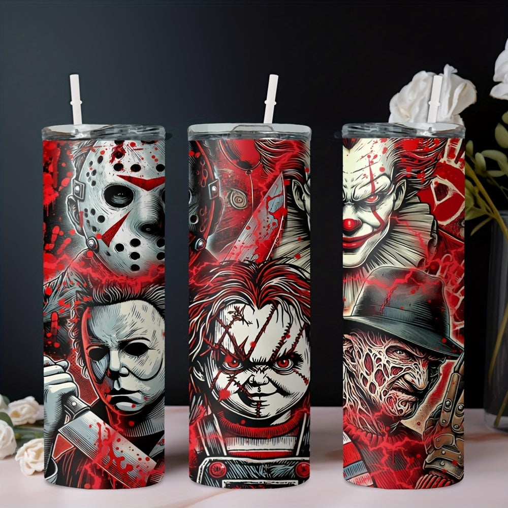 Insulated Stainless Steel Tumbler with Lid (20oz) - Features Michael Myers, Jason, Chucky - Perfect for Cold & Hot Drinks, Halloween Gift
