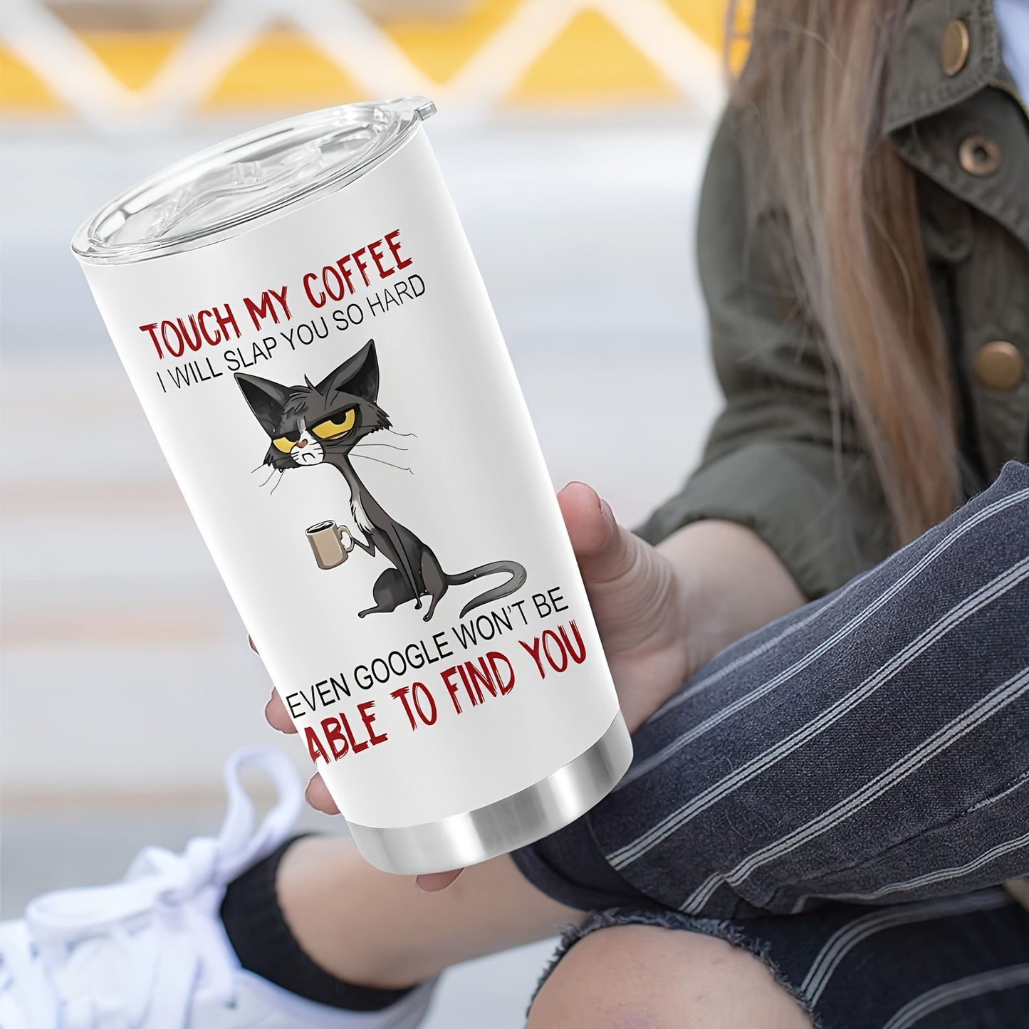 “Touch My Coffee & I’ll Slap You” Cat Tumbler 20oz - Funny Coffee Lover Mug with Feline Graphic | Double Wall Insulated Stainless Steel Cup