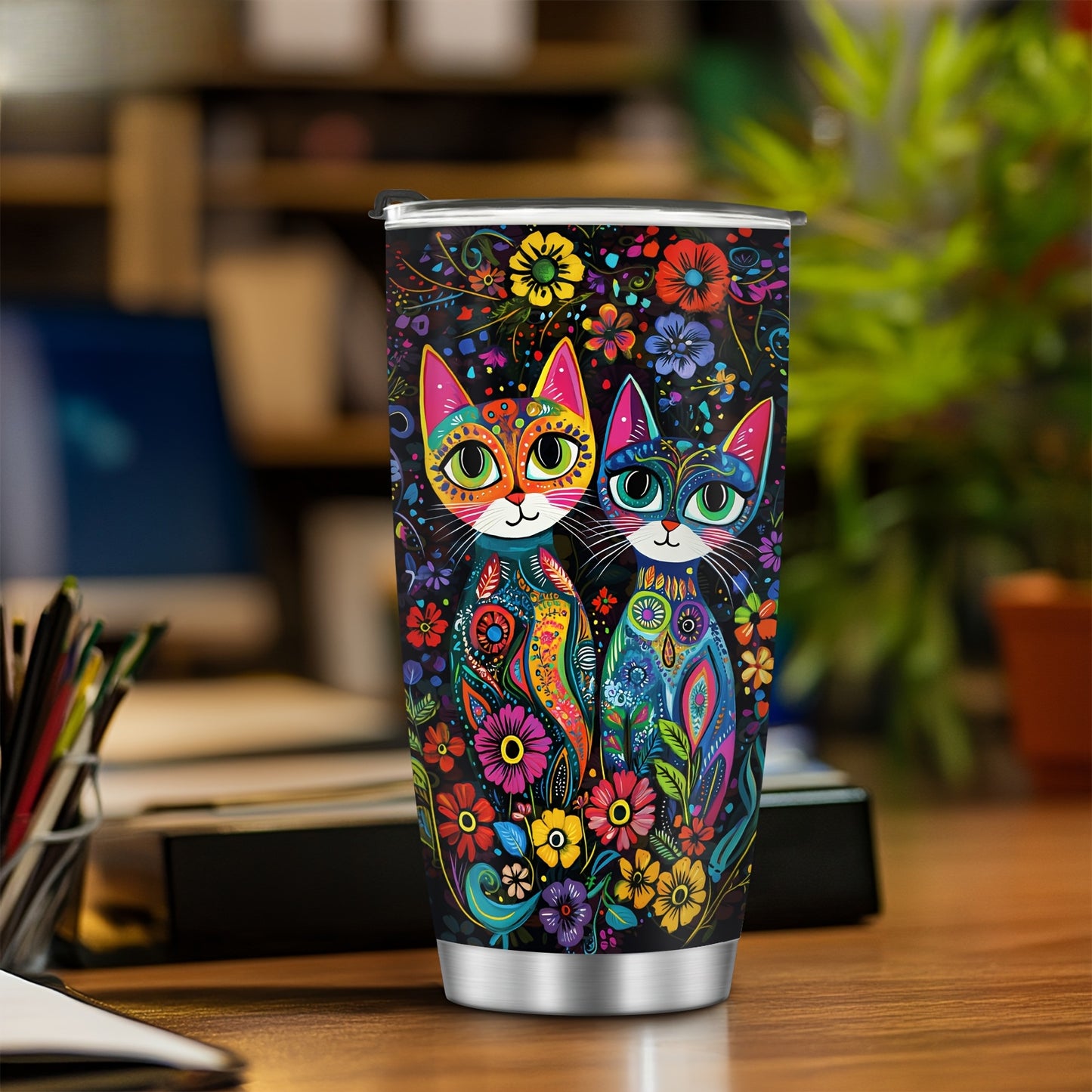 Vintage Cat & Flowers Tumbler - 20oz Retro Insulated Stainless Steel Travel Mug, Leakproof, Reusable Coffee Cup, Perfect Gift for Cat Lovers, Moms, Dads