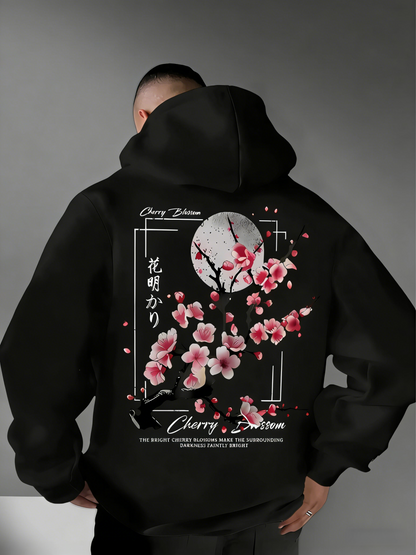 Men's Japanese Sakura Print Hoodie - Vintage Cherry Blossom Pattern & Chinese Character Design, Streetwear Trend Casual Hooded Sweatshirt Pullover Tops