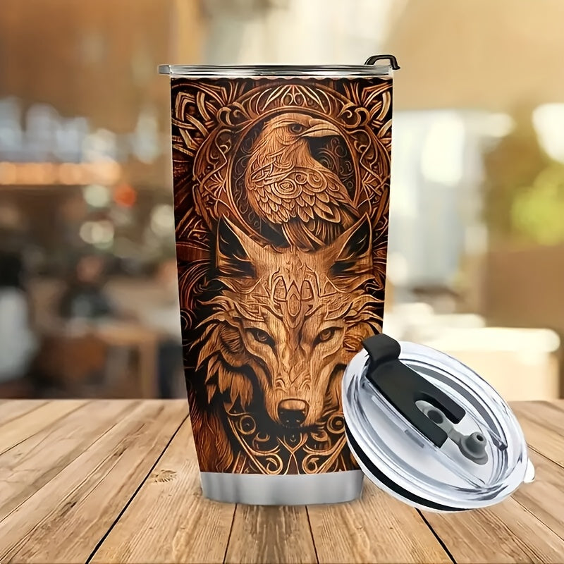 Viking Wolf & Raven Art Tumbler - 20oz Stainless Steel Insulated Cup, Dishwasher Safe & Shatterproof - Perfect Coffee Mug for Home, Travel, and Holiday Gifts (Christmas, Halloween, Easter)