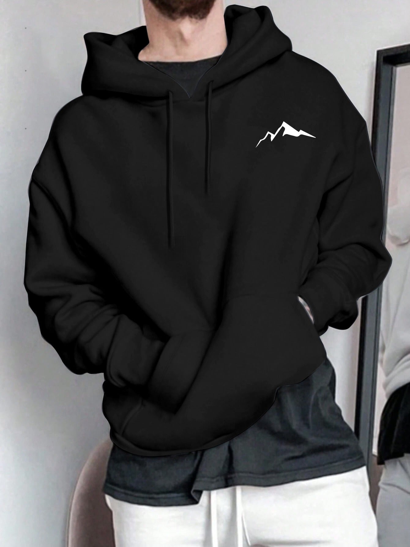 New Mountain Print Hoodie for Men - Spring & Autumn Outdoor Pullover, Drawstring Hood & Kangaroo Pocket for Hiking & Casual Wear