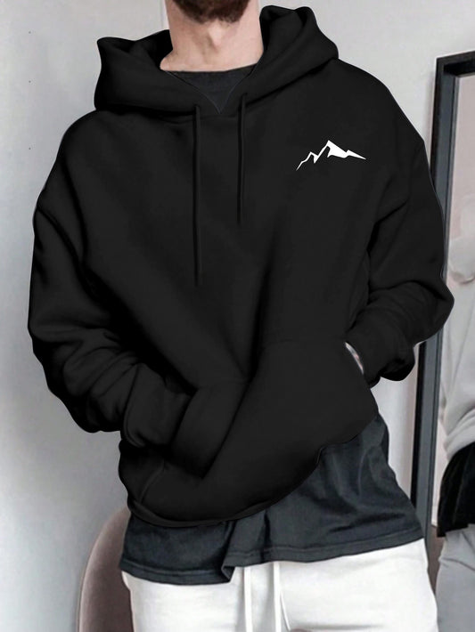 New Mountain Print Hoodie for Men - Spring & Autumn Outdoor Pullover, Drawstring Hood & Kangaroo Pocket for Hiking & Casual Wear