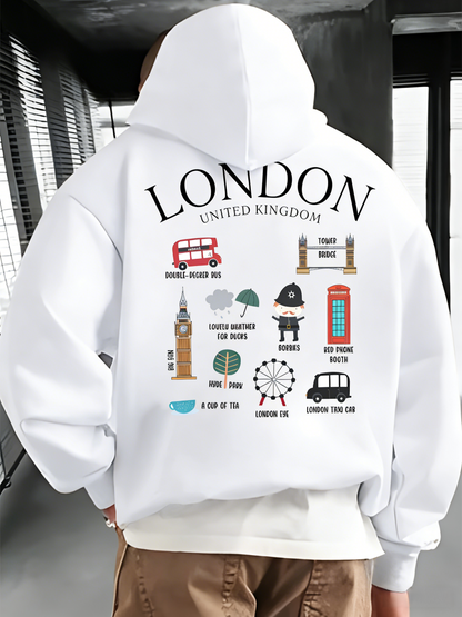 London UK Souvenir Hoodie - Men‘s Casual Pullover with Kangaroo Pocket, Iconic City Graphic Hooded Sweatshirt, Adjustable Drawstring