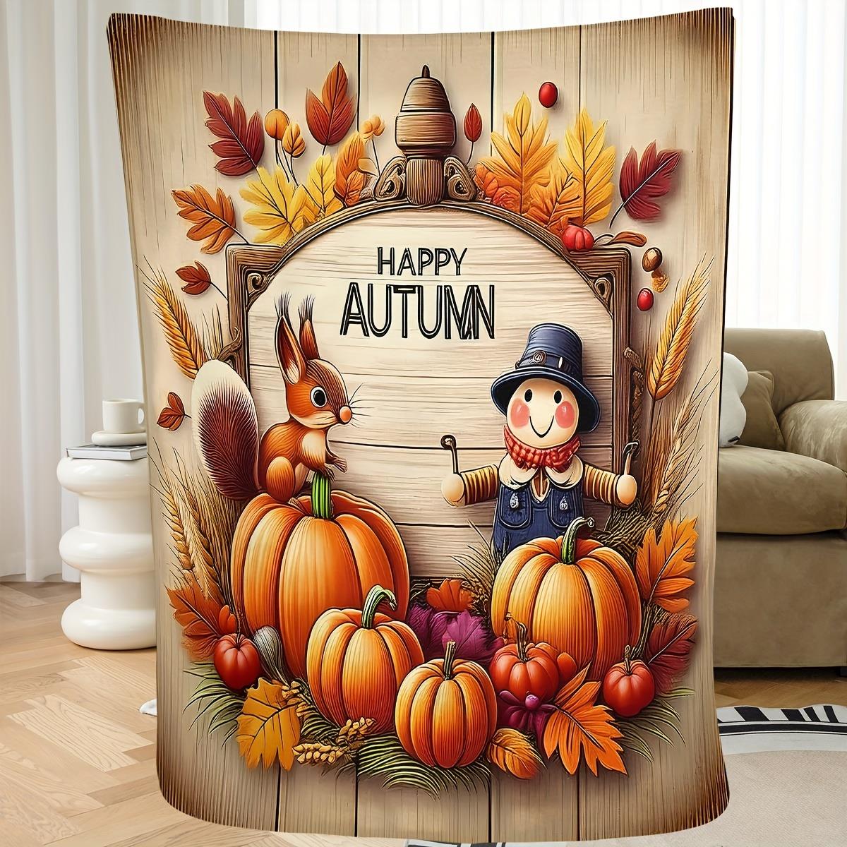 Farmhouse Fall Pumpkin Print Blanket - Cozy Polyester Throw, Soft All-Season for Halloween & Thanksgiving Gifting