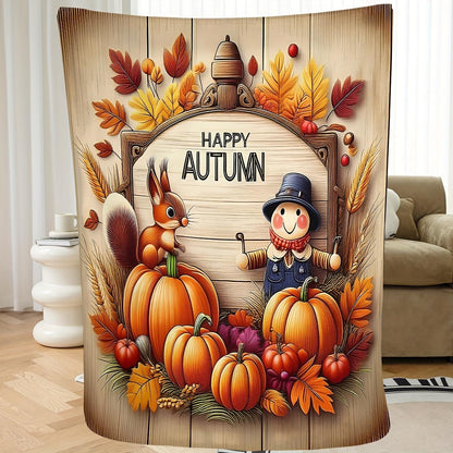 Farmhouse Fall Pumpkin Print Blanket - Cozy Polyester Throw, Soft All-Season for Halloween & Thanksgiving Gifting