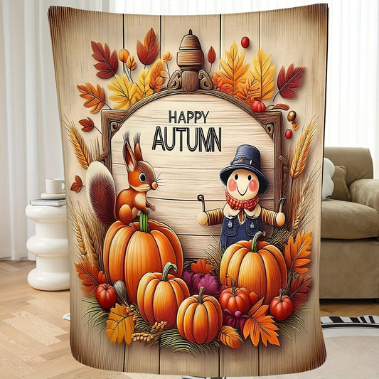 Farmhouse Fall Pumpkin Print Blanket - Cozy Polyester Throw, Soft All-Season for Halloween & Thanksgiving Gifting
