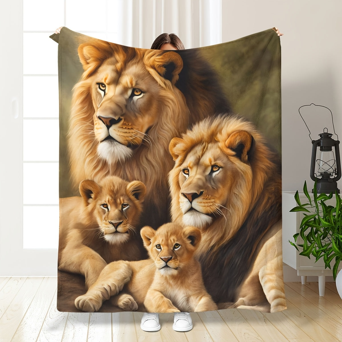 Majestic Lion Print Flannel Blanket - HD Realistic Wildlife Design, Ultra Soft & Warm, All-Season Multi-Use Throw for Sofa, Camping, Luxe Gift