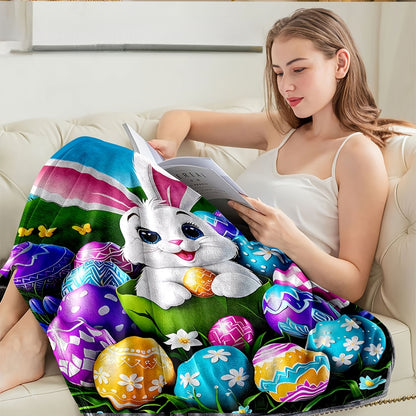 Modern Easter Bunny & Eggs Flannel Blanket - Contemporary Pastel Print, All-Season Lightweight for Sofa, Picnics, Travel & Spring Decor