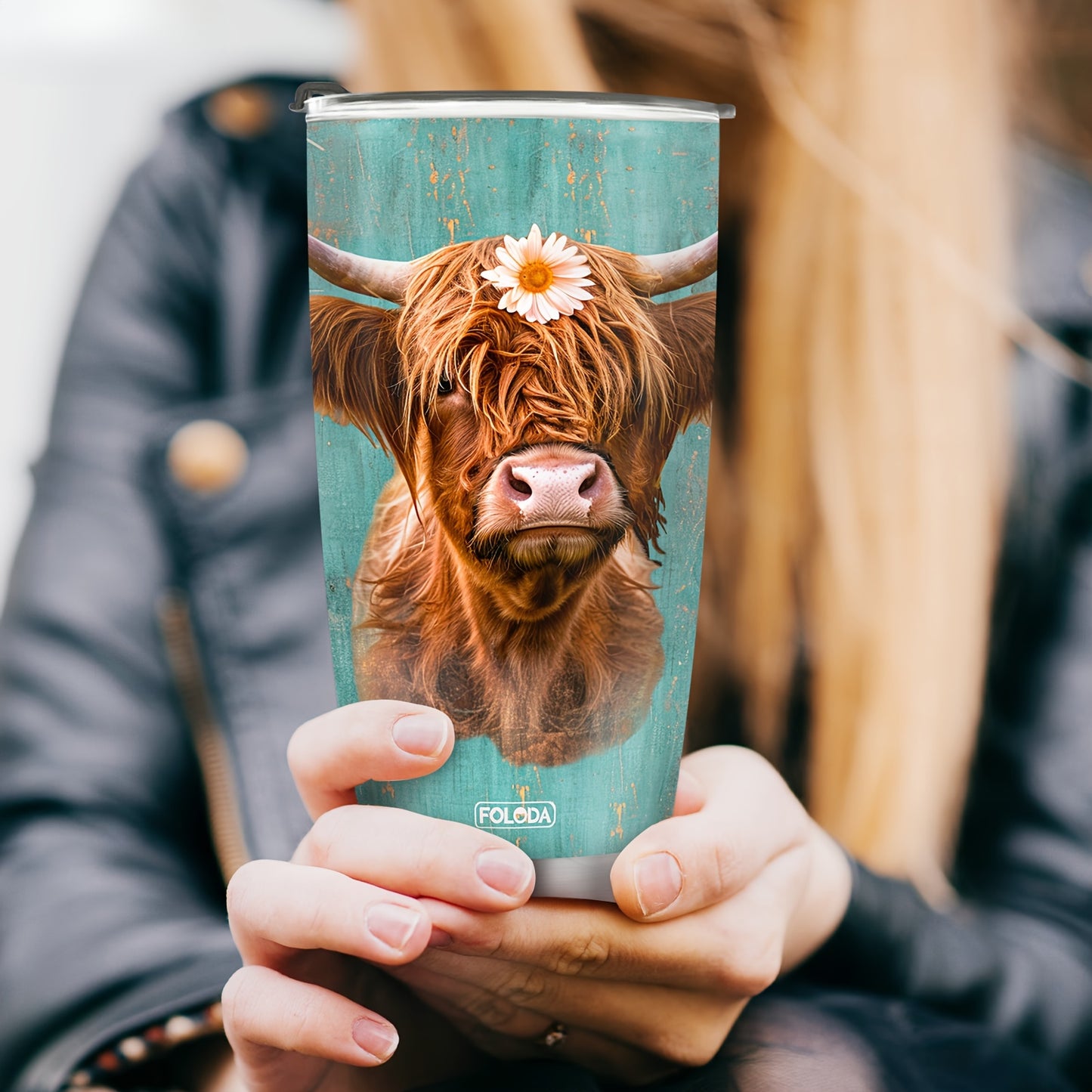 20oz Insulated Stainless Steel Tumbler with Lid - Scottish Highland Cow Design, Oval Shape, 304 Steel - Reusable Travel Mug, Perfect Gift for Cow Lovers & Women, Hand Wash Only