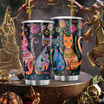 Sculptural Cat Tumbler - 20oz Brushed Steel Travel Mug with Handle, Artisanal Gift for Cat Lovers, Durable & Stylish for All Seasons