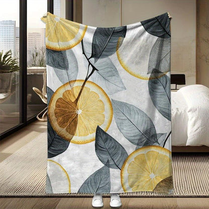 Gallery-Clean Citrus Throw - Lemon Leaf Print in Sun-Washed White & Gold, Zesty Flannel for Year-Round Brightness, Modern Gift