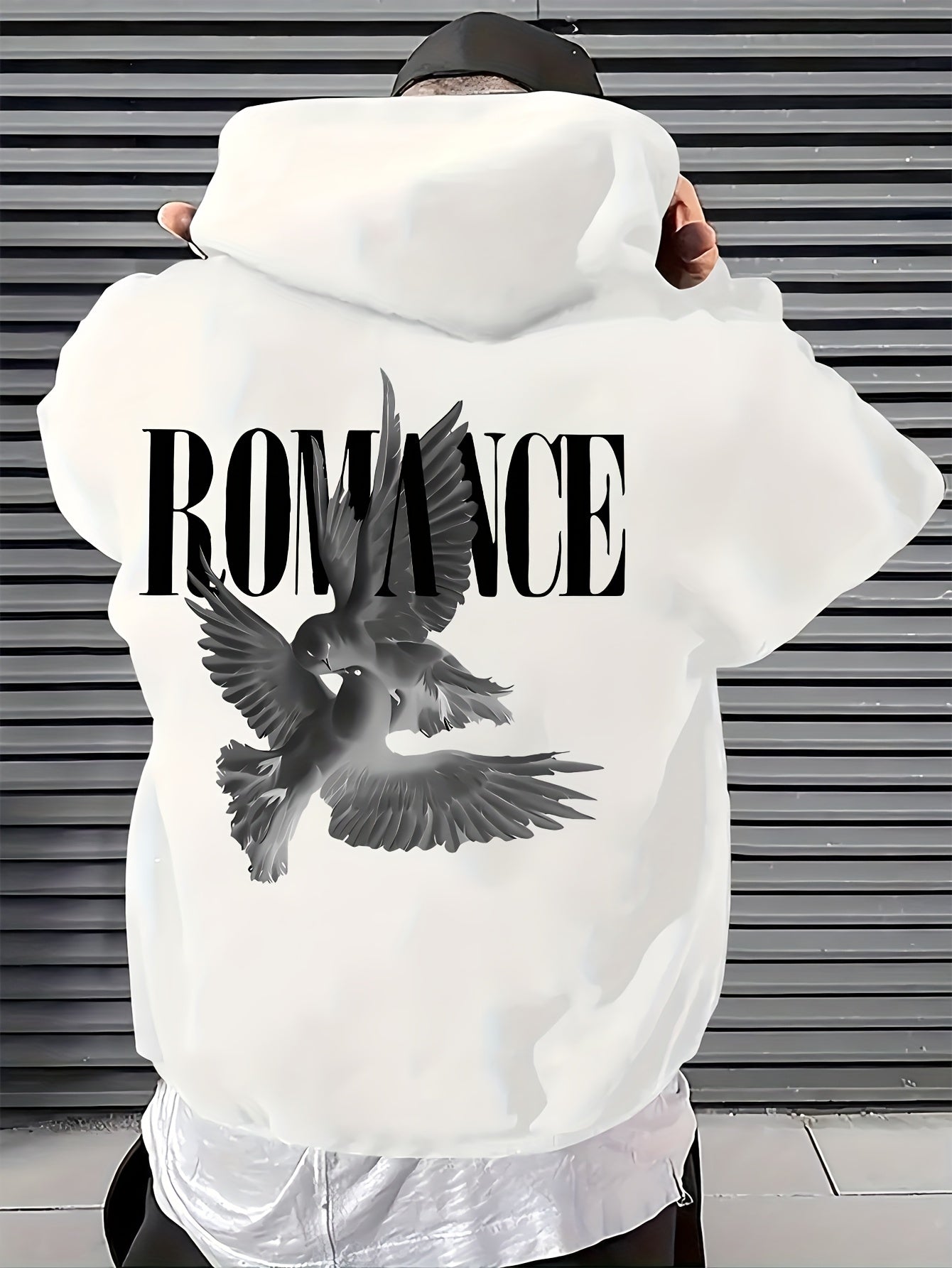Front & Back Print Men‘s Hoodie - "ROMANCE" with White Dove Pattern, Fashion Basic Hooded Sweatshirt, Regular Fit