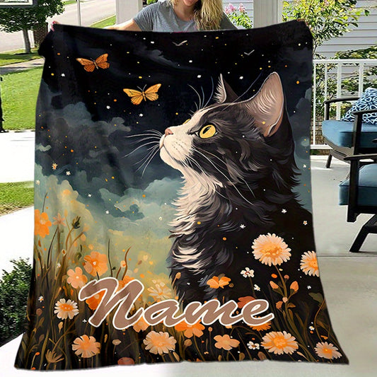 Personalized Throw Blanket - Custom Name on Black Cat & Butterfly Art | Warm Lightweight All-Season Gift for Cat Owners & Modern Home